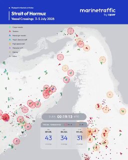 Карта Ормузского пролива с маршрутами судов по данным MarineTraffic